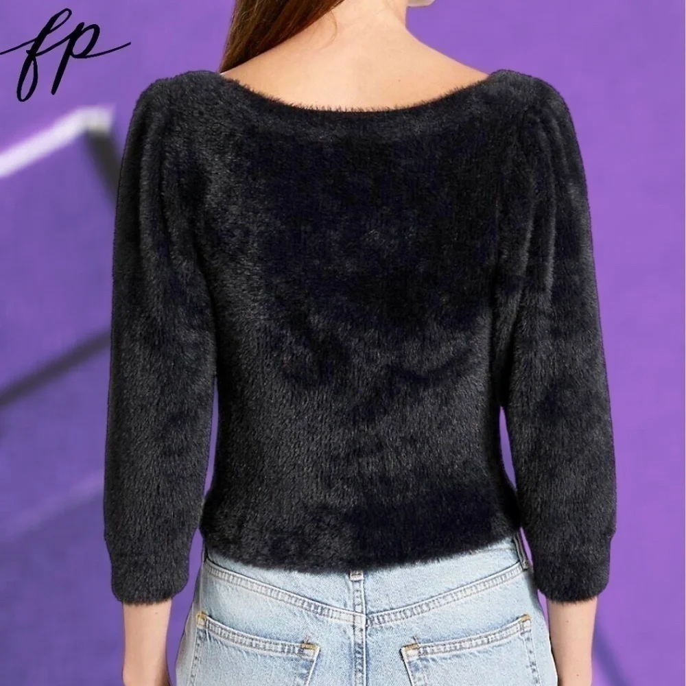 FREE PEOPLE NWT Moonbeam Puff Sleeve Fuzzy Cropped Pullover Sweater/LG